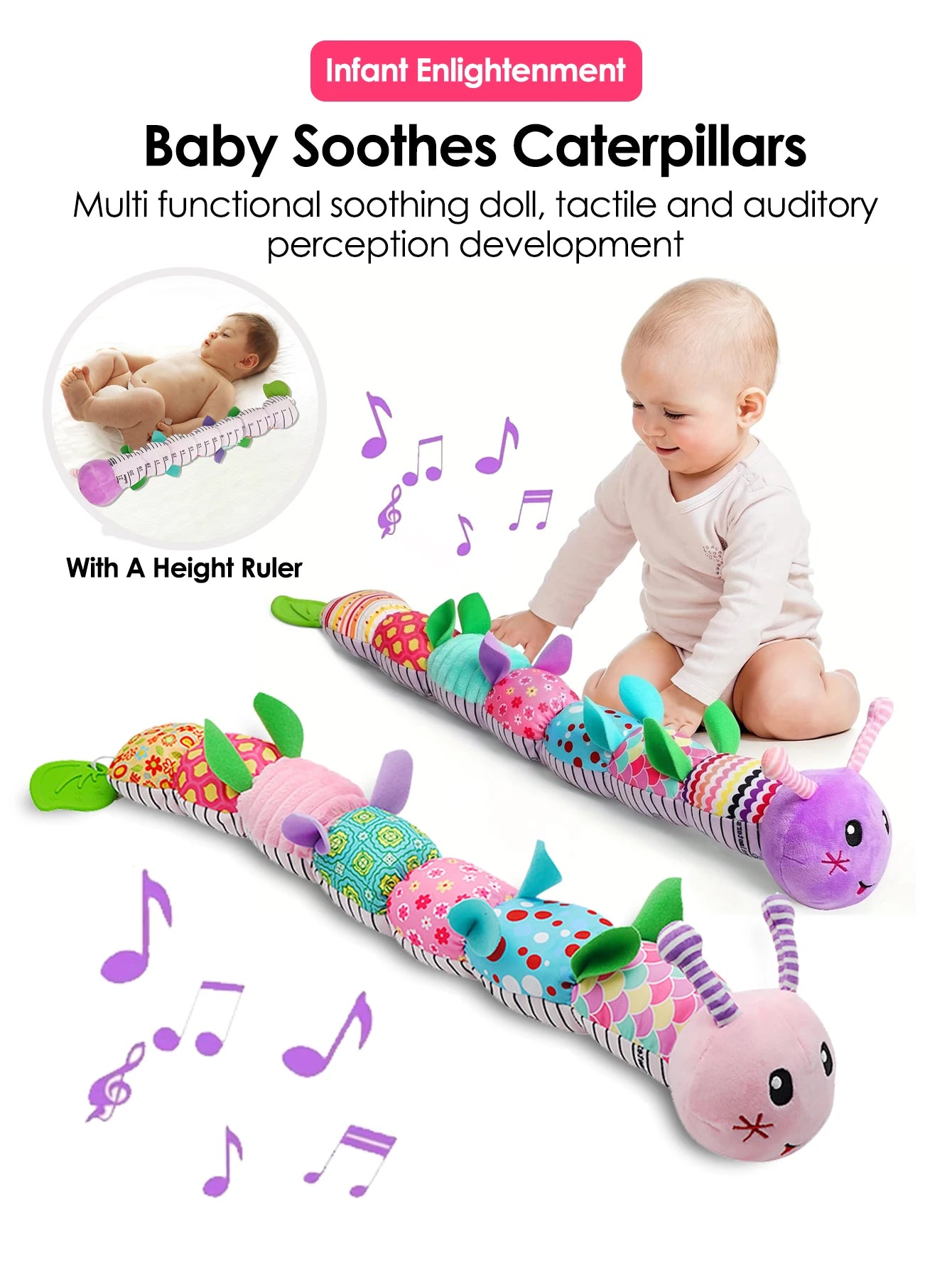 Baby Rattle Musical Caterpillar Worm Soft Infant Plush Toys Educational Interactive Sensory Toy for Babies Newborn Toddler Gift