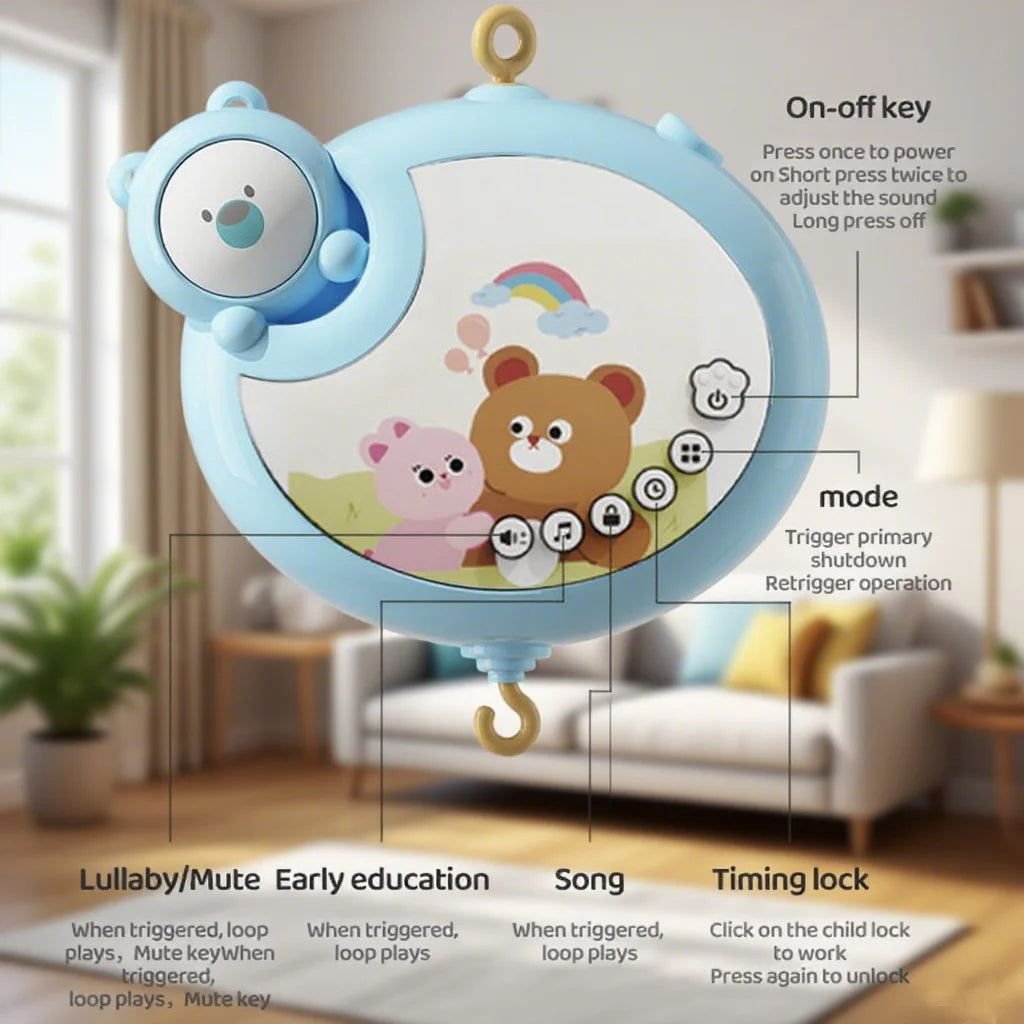 Baby crib hanging toys, with rattles and various hanging decorations, help with the baby's visual and auditory development.