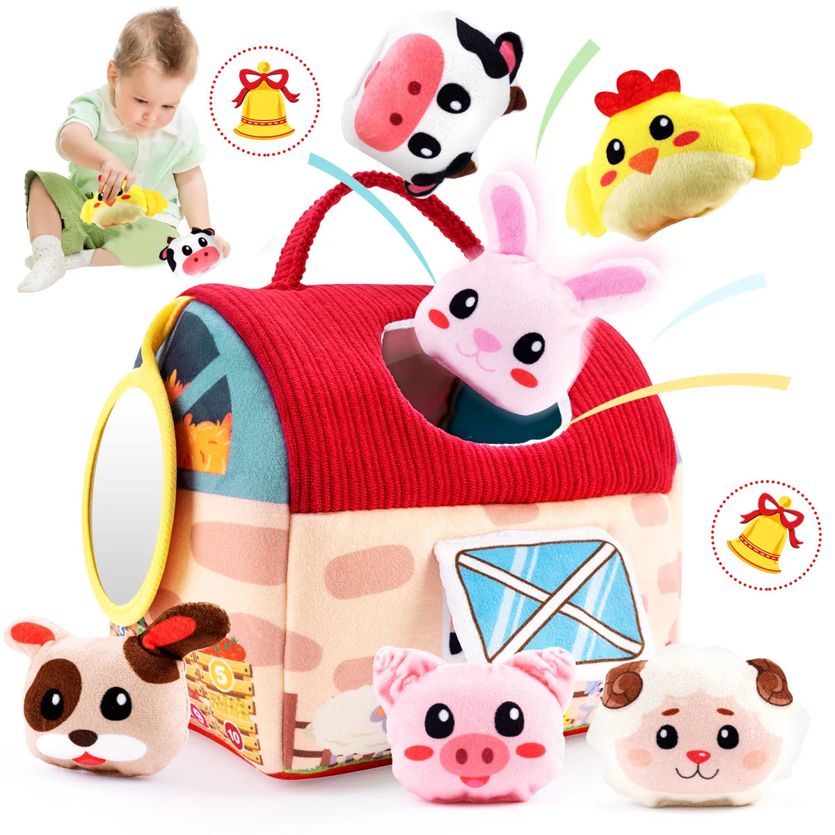 Child Toys 6-12 Months - Surprise Barn with Farm Animals, Rattle, Crinkle Paper and Mirror Toys for Kids, Ideal Christmas Gifts